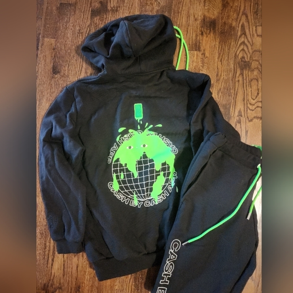 Cash by Cash App Graphic Hoodie & Sweatpants set Black Green size small